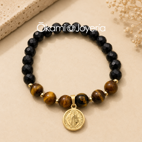 pulsera de piedra volcanica acero. inoxidable san benito