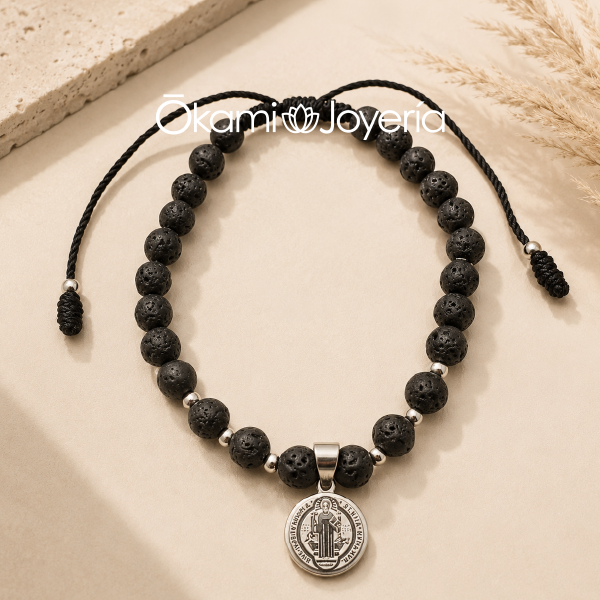 pulsera de piedra volcanica acero. inoxidable san benito