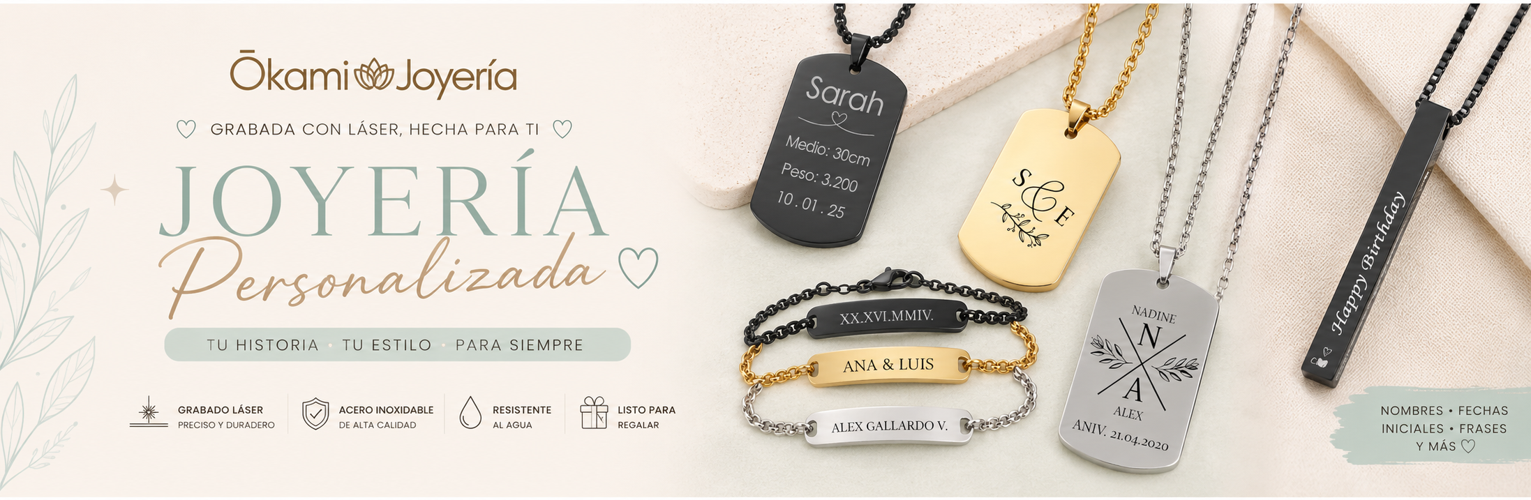 Collar personalizado de acero inoxidable con grabado láser sobre fondo elegante en tonos beige y verde menta, ideal para regalos personalizados en Querétaro y México.